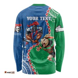 Personalised Rabbitohs And Knights Rugby Long Sleeve T-shirt Aboriginal Mix Polynesian Pattern