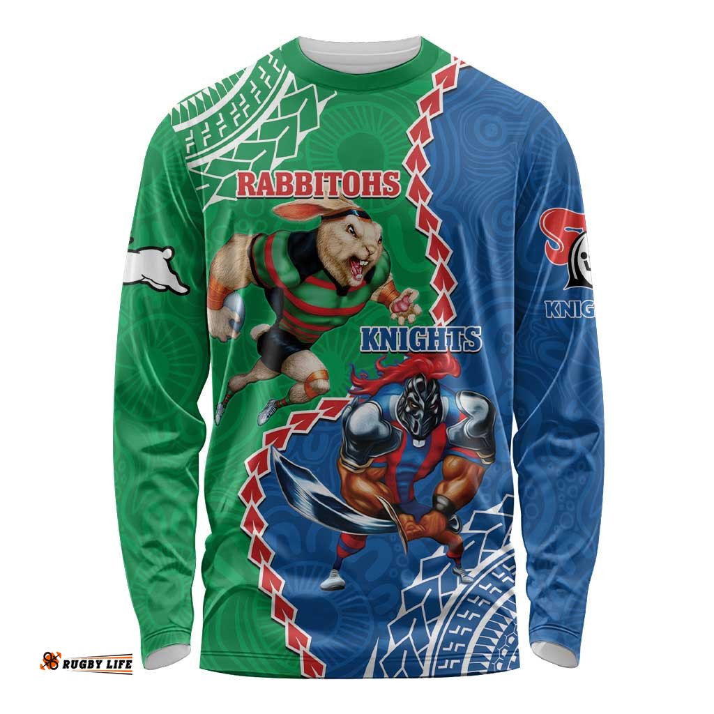 Personalised Rabbitohs And Knights Rugby Long Sleeve T-shirt Aboriginal Mix Polynesian Pattern