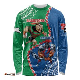 Personalised Rabbitohs And Knights Rugby Long Sleeve T-shirt Aboriginal Mix Polynesian Pattern