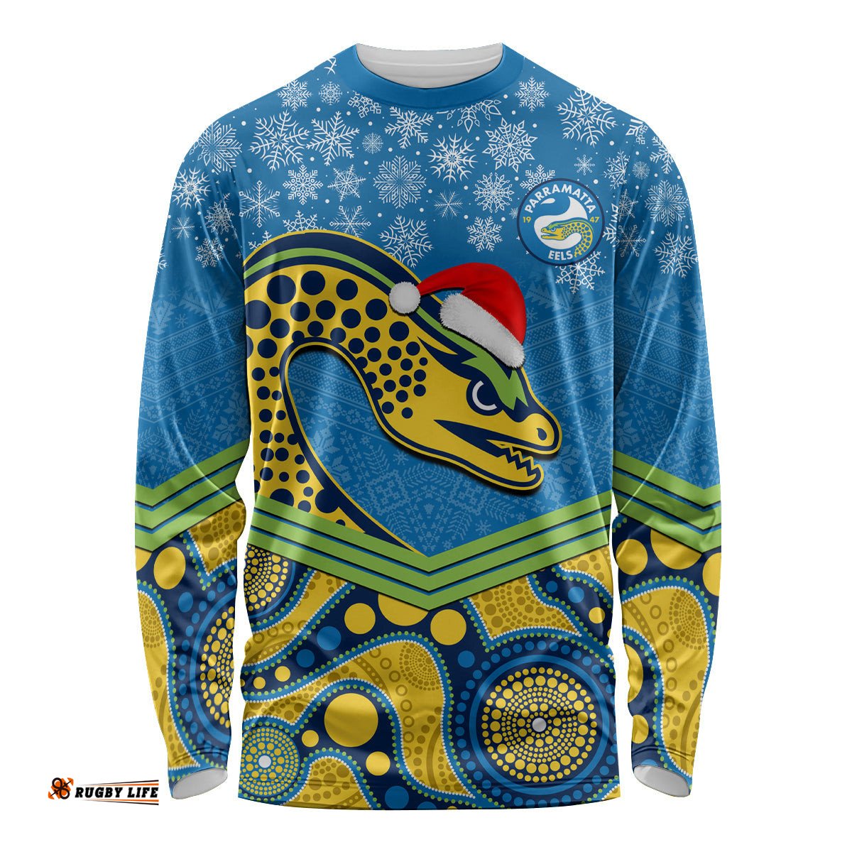 Custom Parramatta Eels Rugby Christmas Long Sleeve T-shirt Merry Xmas Mix Aboriginal Art
