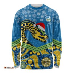 Custom Parramatta Eels Rugby Christmas Long Sleeve T-shirt Merry Xmas Mix Aboriginal Art