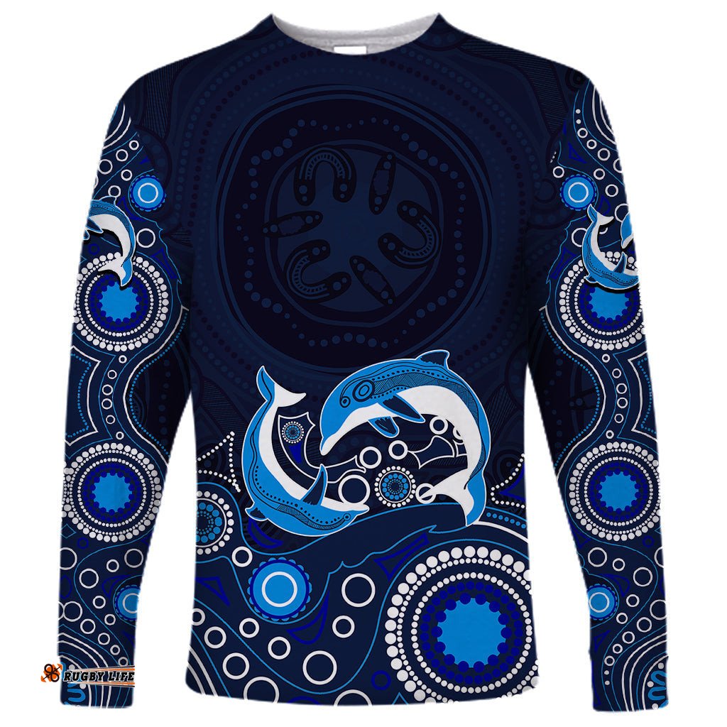 Australia Aboriginal Long Sleeve T-shirt Dolphin Dark Blue