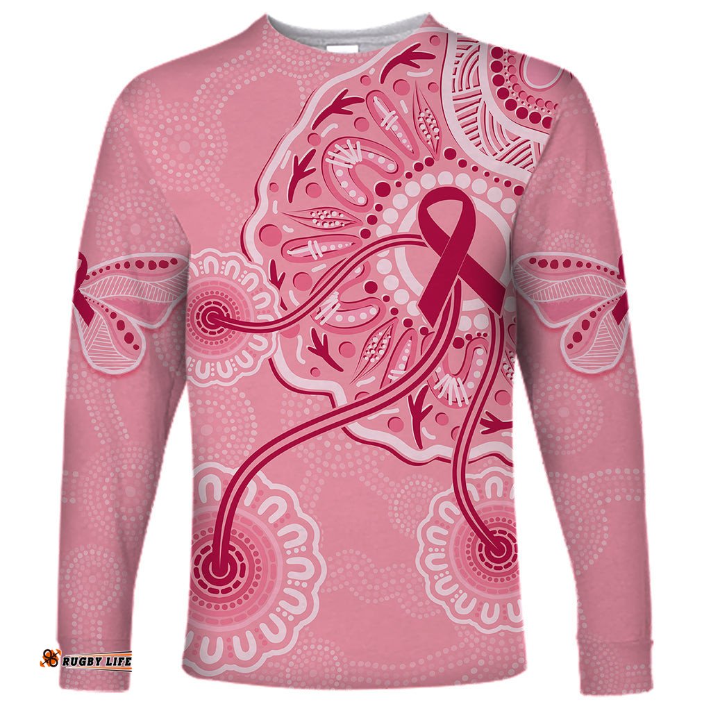 Australia Indigenous Long Sleeve T-shirt Breast Cancer Ribbon Aboriginal Art Pink