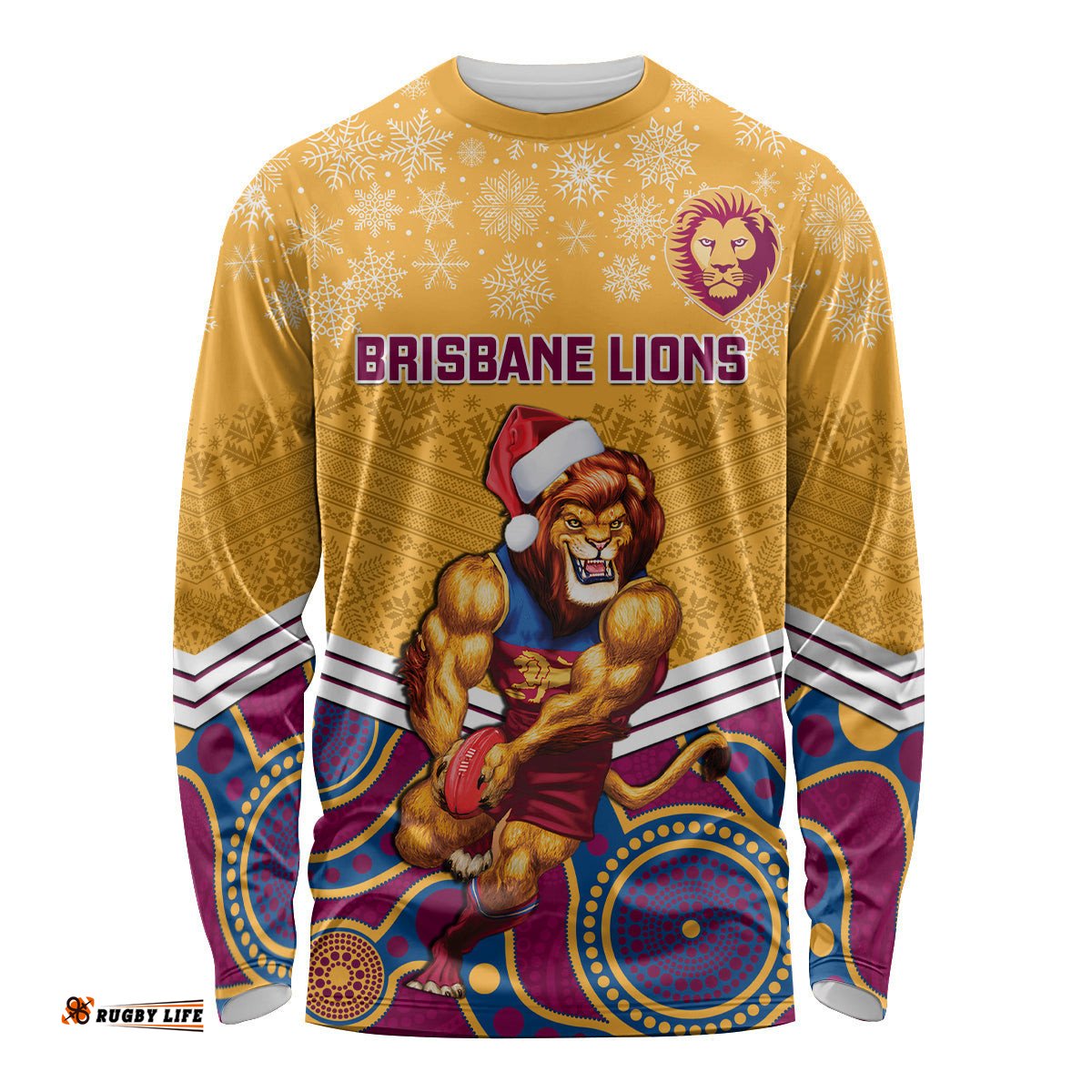 Custom Brisbane Lions Football Christmas Long Sleeve T-shirt Merry Xmas Mix Aboriginal Art