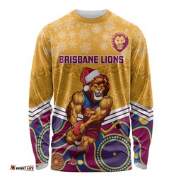 Custom Brisbane Lions Football Christmas Long Sleeve T-shirt Merry Xmas Mix Aboriginal Art