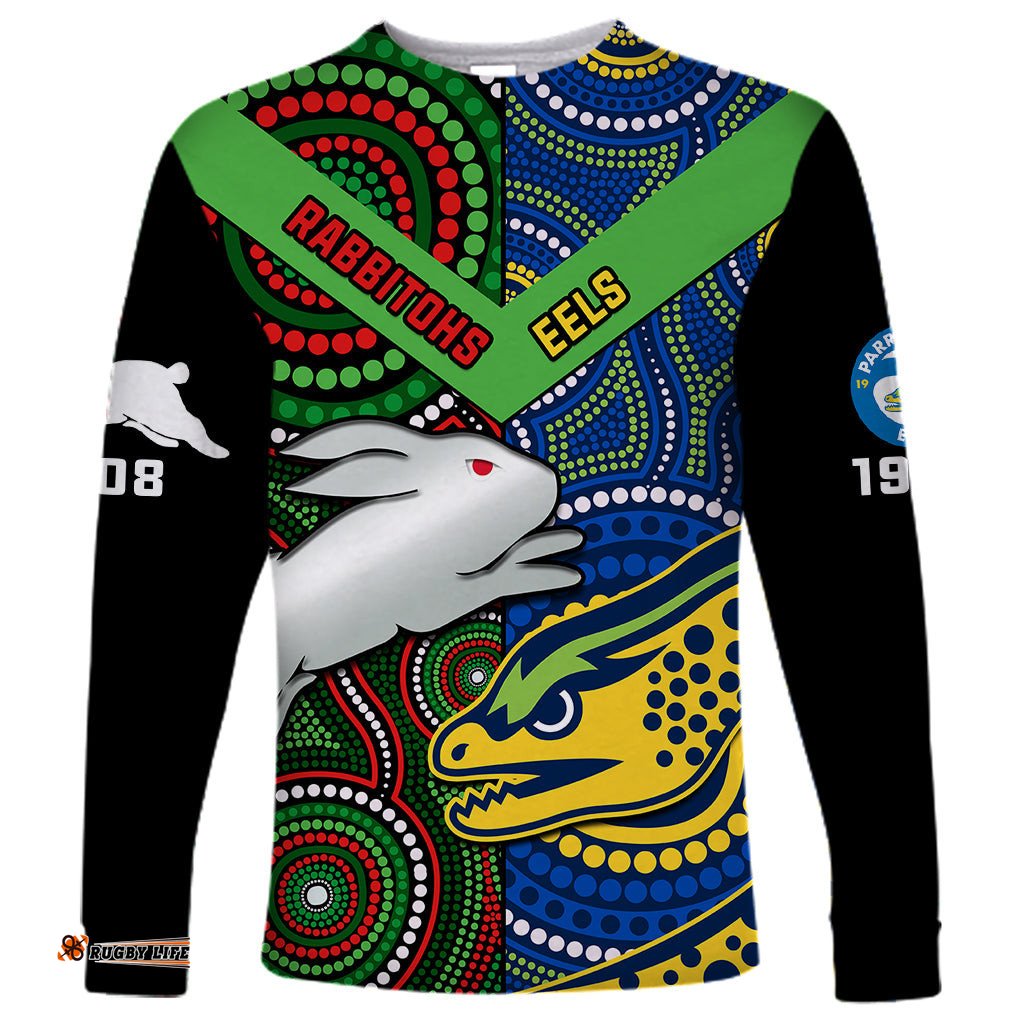Custom Text And Number Rabbitohs Mix Eels Rugby Long Sleeve T-shirt Souths And Parra Indigenous