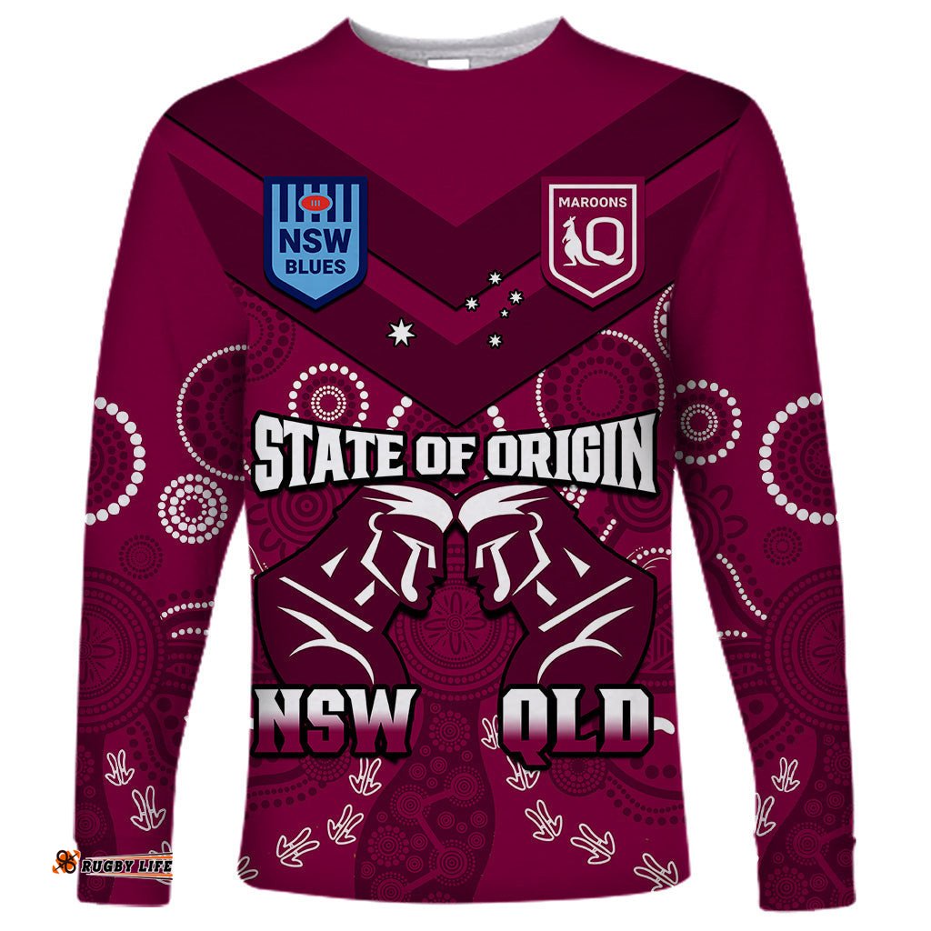 QLD Maroons and NSW Blues Rugby Long Sleeve T-shirt State of Origin Indigenous Maroon