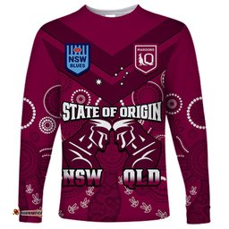 QLD Maroons and NSW Blues Rugby Long Sleeve T-shirt State of Origin Indigenous Maroon