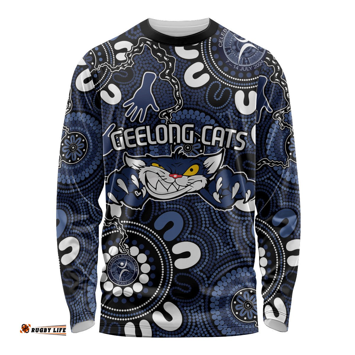 Custom Geelong Cats NAIDOC Week 2024 Long Sleeve T-shirt Fire Burning Aboriginal Dots Art