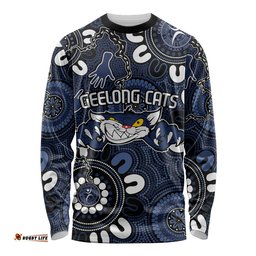 Custom Geelong Cats NAIDOC Week 2024 Long Sleeve T-shirt Fire Burning Aboriginal Dots Art