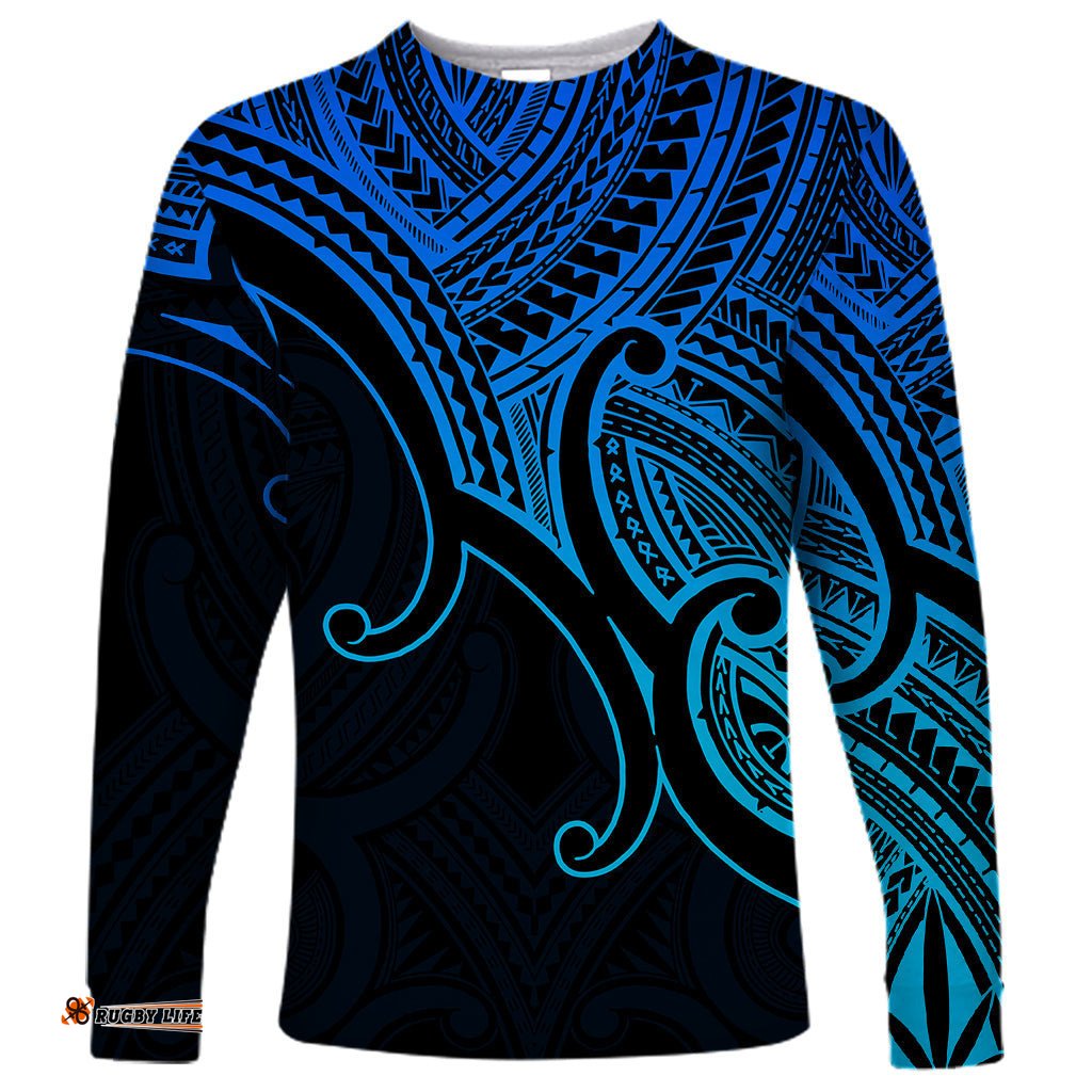 Custom Aotearoa Maori Koru Long Sleeve T-shirt Polynesian Pacific Tribal Blue
