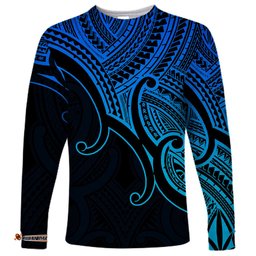Custom Aotearoa Maori Koru Long Sleeve T-shirt Polynesian Pacific Tribal Blue
