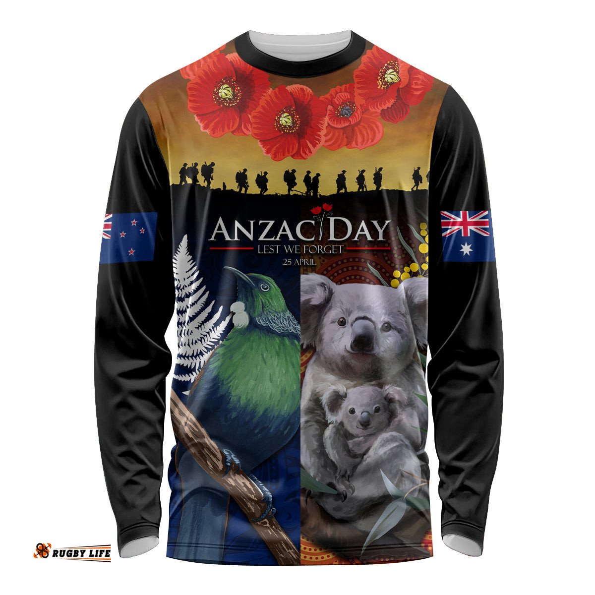 Australia and New Zealand ANZAC Day Long Sleeve T-shirt Tui Bird and Koala mix Maori and Aboriginal Pattern
