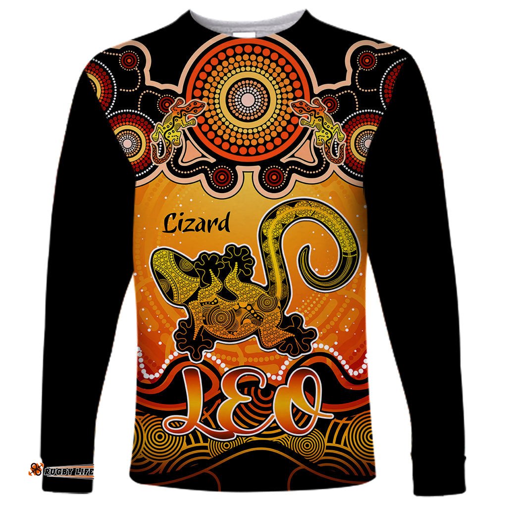 Personalised Australia Leo Lizard Zodiac Long Sleeve T-shirt Auz Astrology Aboriginal Red