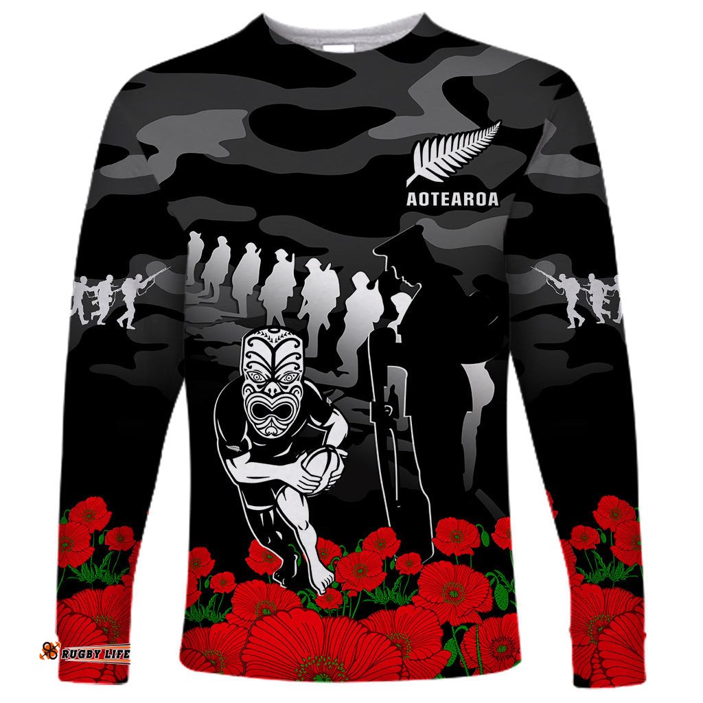 New Zealand ANZAC Rugby Long Sleeve T-shirt Silver Fern All Black Camouflage Mix Poppy