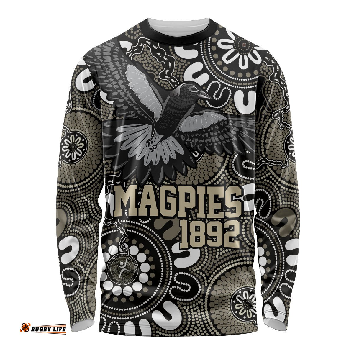 Custom Magpies NAIDOC Week 2024 Long Sleeve T-shirt Fire Burning Aboriginal Dots Art