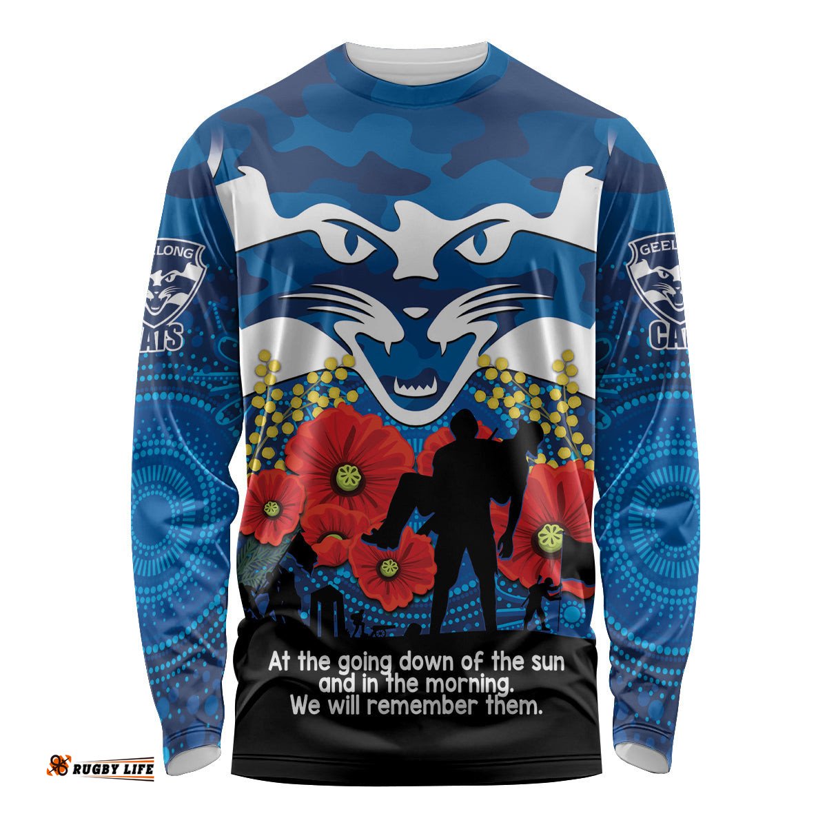 Custom Geelong Football ANZAC Long Sleeve T-shirt Gallipoli Camouflage With Poppies