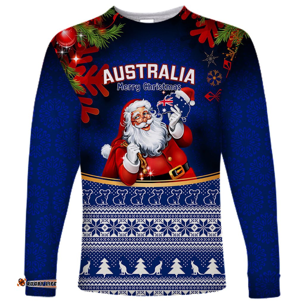 Personalised Christmas In July Long Sleeve T-shirt Happy Santa Claus With Australia Map Blue Style