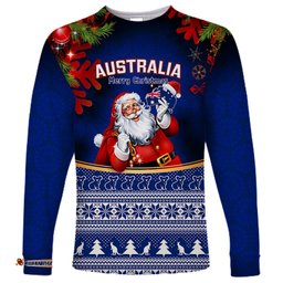 Personalised Christmas In July Long Sleeve T-shirt Happy Santa Claus With Australia Map Blue Style