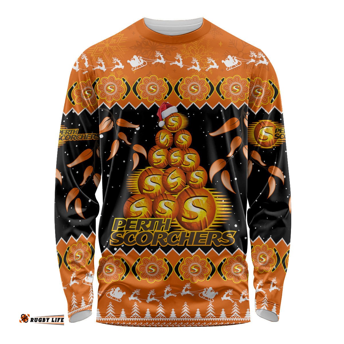 Perth Scorchers Cricket Christmas Long Sleeve T-shirt Merry Xmas Indigenous Art