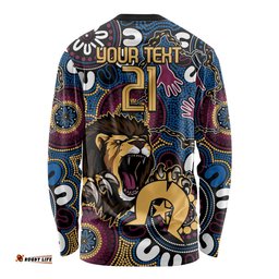 Custom Lions Football NAIDOC Week 2024 Long Sleeve T-shirt Fire Burning Aboriginal Dots Art