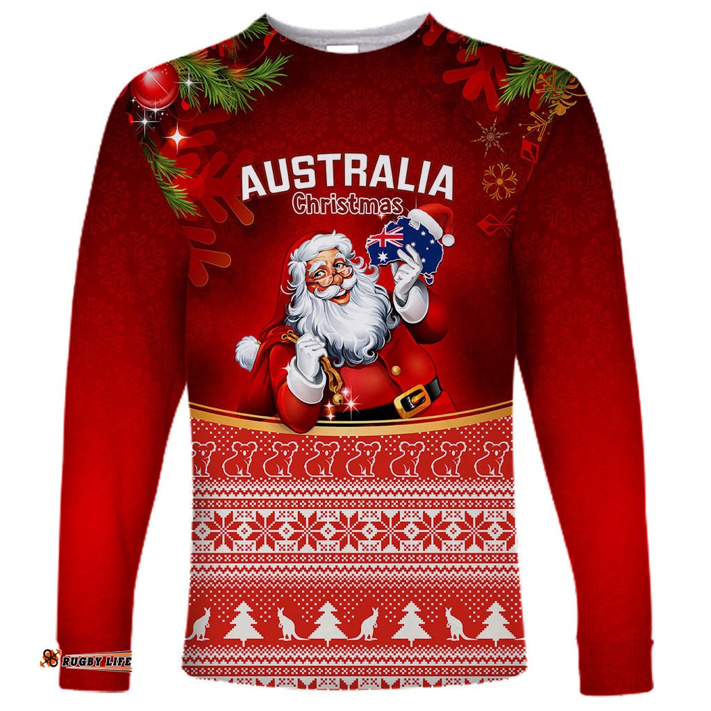 Australia Christmas Long Sleeve T-shirt Xmas In July Happy Santa Claus With Map Red Style
