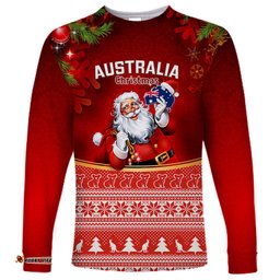 Australia Christmas Long Sleeve T-shirt Xmas In July Happy Santa Claus With Map Red Style