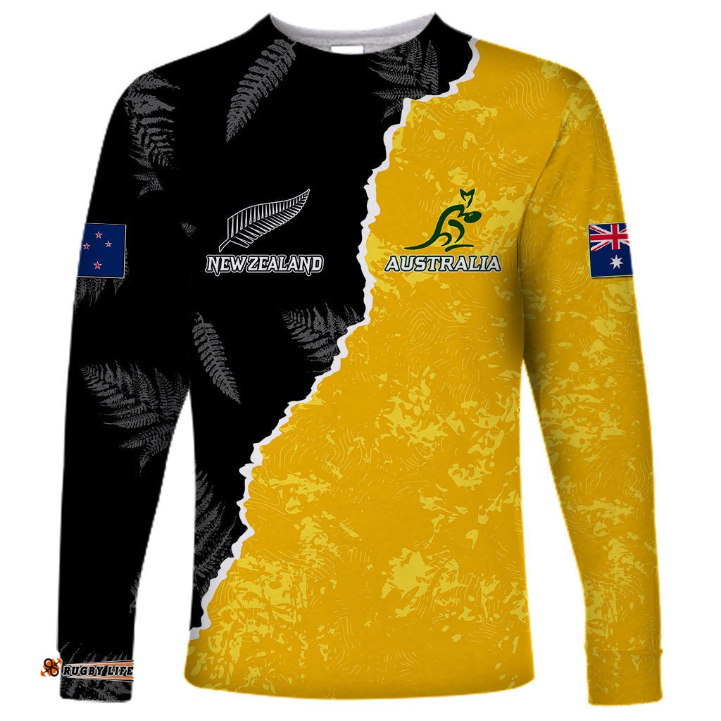 Australia Rugby Mix New Zealands Rugby Long Sleeve T-shirt Wallabies Versus Silver Fern Sporty Basic