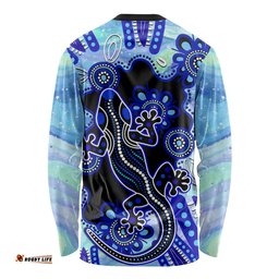 Australia Long Sleeve T-shirt Aussie Opal Pattern With Lizard Aboriginal Art Turquoise