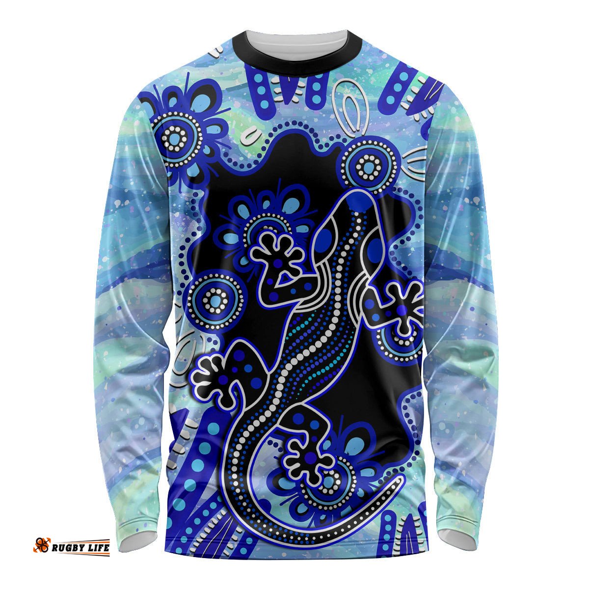 Australia Long Sleeve T-shirt Aussie Opal Pattern With Lizard Aboriginal Art Turquoise