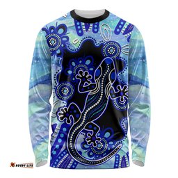 Australia Long Sleeve T-shirt Aussie Opal Pattern With Lizard Aboriginal Art Turquoise