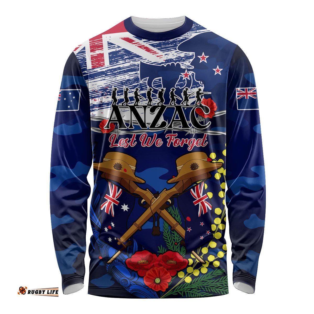 Australia And New Zealand ANZAC Day Long Sleeve T-shirt Lest We Forget Silver Fern With Golden Wattle
