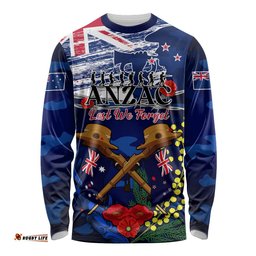 Australia And New Zealand ANZAC Day Long Sleeve T-shirt Lest We Forget Silver Fern With Golden Wattle