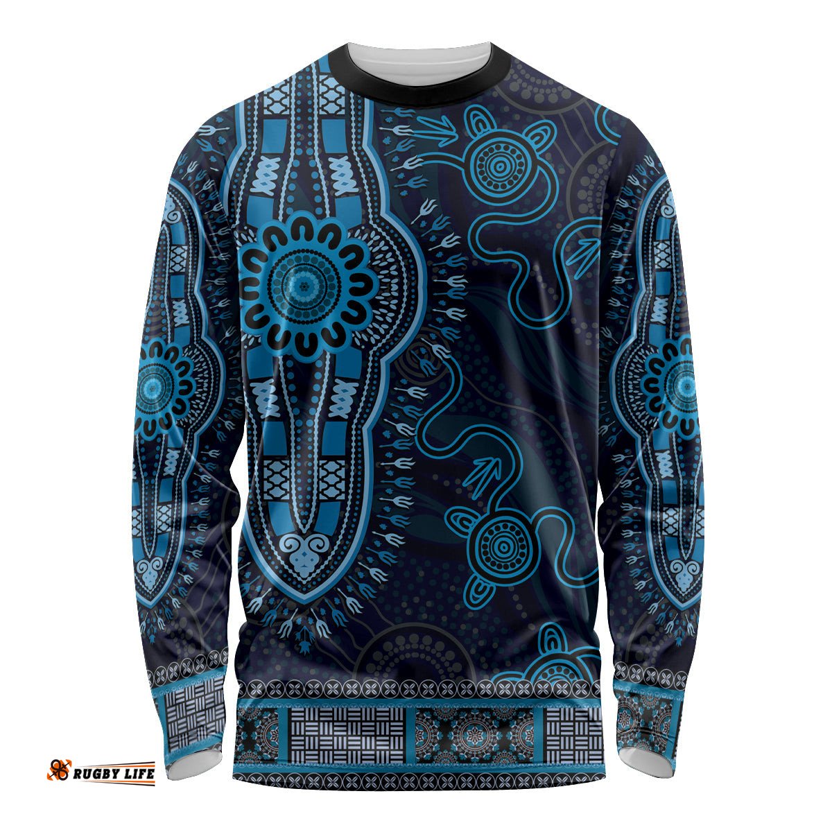 Blue African Dashiki With Australia Aboriginal Art Long Sleeve T-shirt