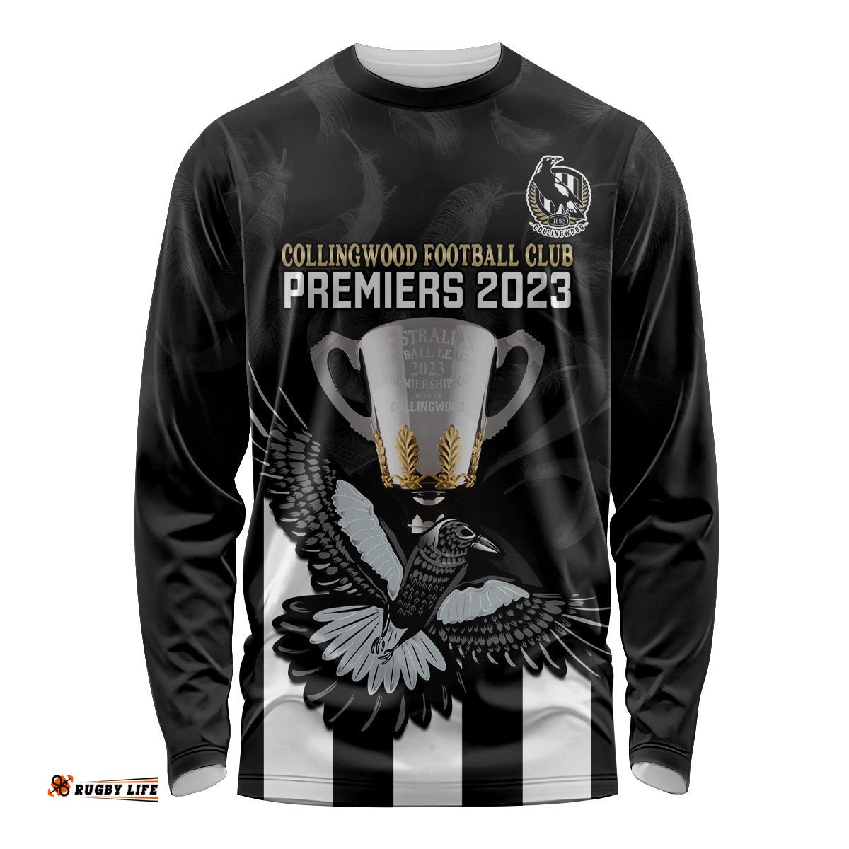 AFL Collingwood Long Sleeve T-shirt Magpies Premiers With Trophy Proud