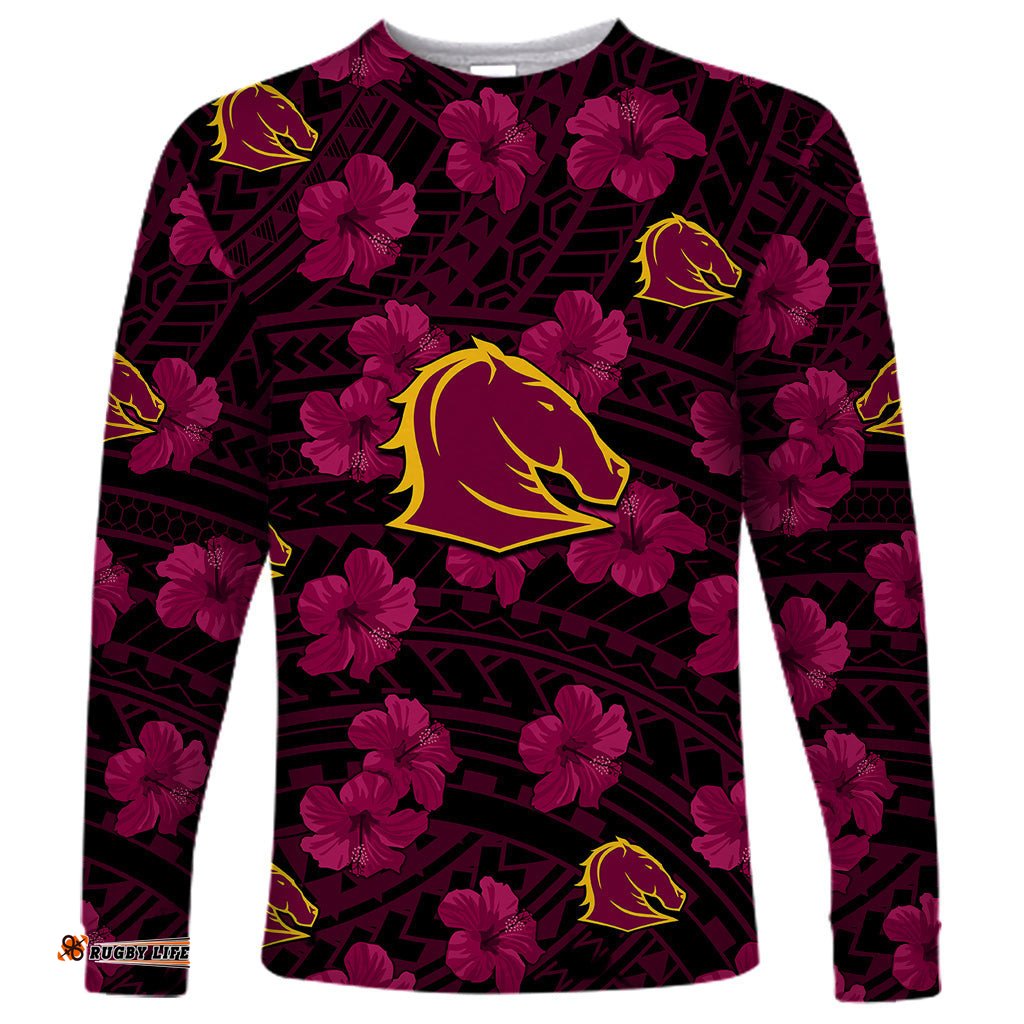 Broncos Rugby Long Sleeve T-shirt Polynesian Style With Hibiscus