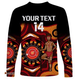 Custom Text And Number Australia Indigenous Rugby Long Sleeve T-shirt All Stars Aborigine Dreamtime Black Version