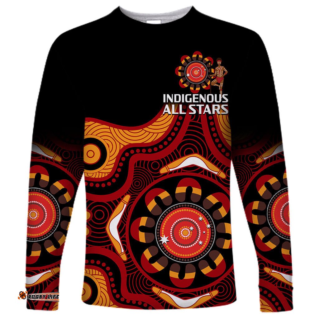 Custom Text And Number Australia Indigenous Rugby Long Sleeve T-shirt All Stars Aborigine Dreamtime Black Version