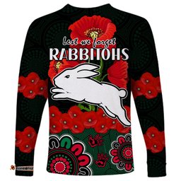 ANZAC NRL Rabbitohs Rugby Long Sleeve T-shirt The Bunnies 1908 Poppy Flowers Mixed Aboriginal