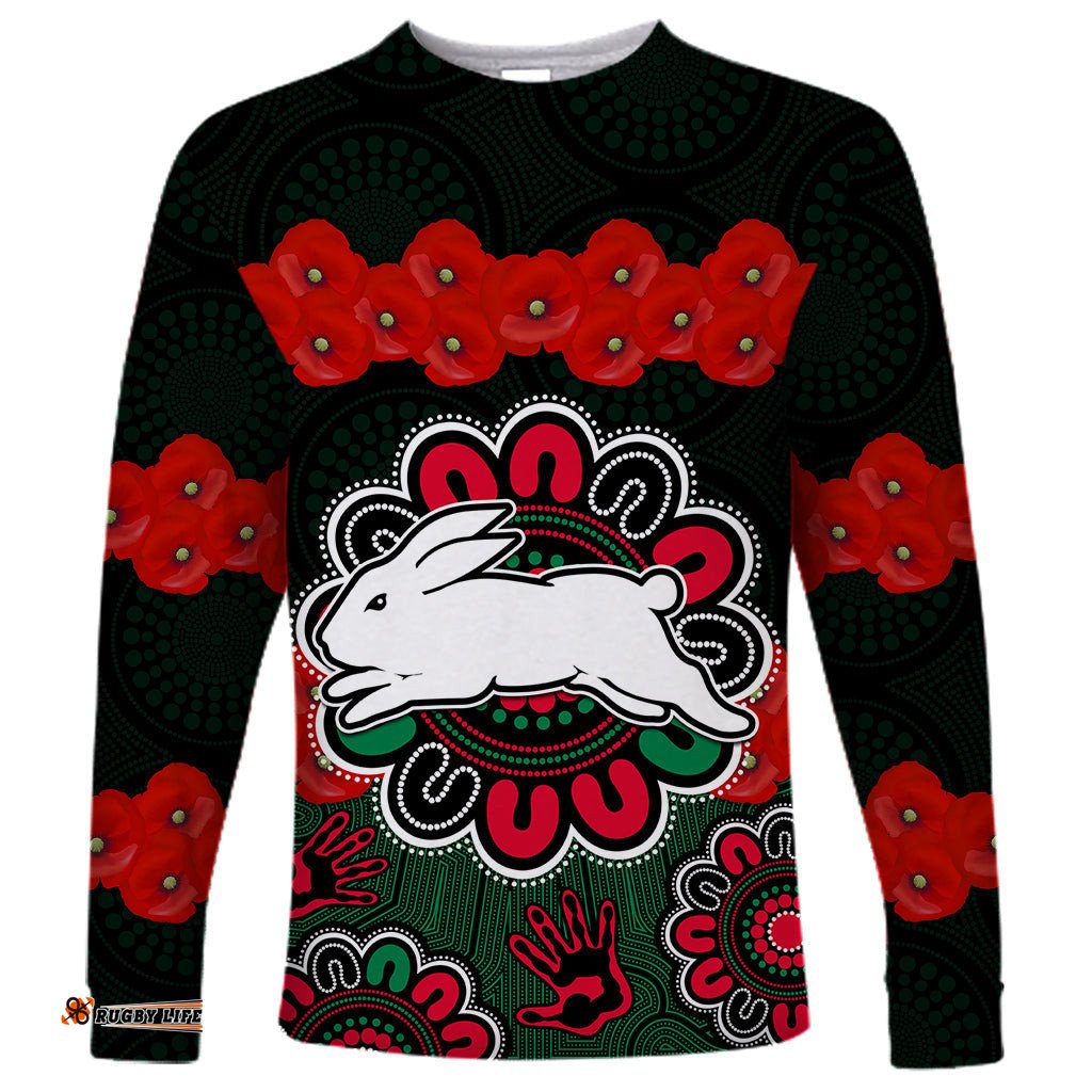 ANZAC NRL Rabbitohs Rugby Long Sleeve T-shirt The Bunnies 1908 Poppy Flowers Mixed Aboriginal