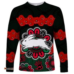 ANZAC NRL Rabbitohs Rugby Long Sleeve T-shirt The Bunnies 1908 Poppy Flowers Mixed Aboriginal