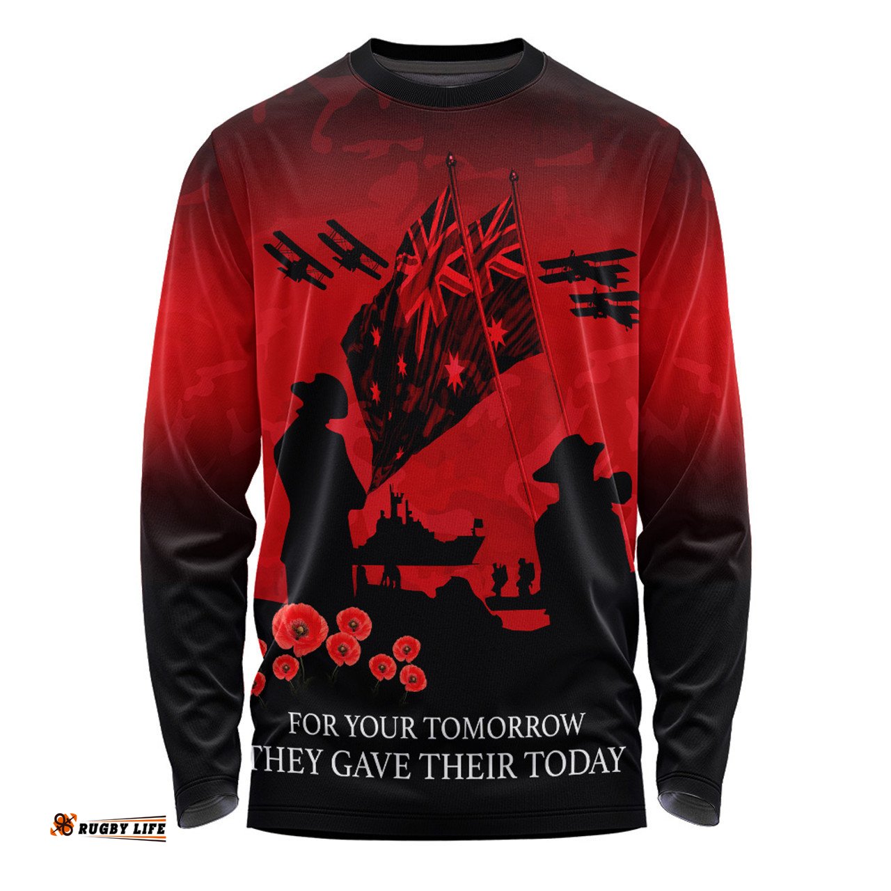 Australia Anzac Long Sleeve T-shirt Anzac Day Poppy Flowers Red Black Blue