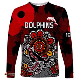 ANZAC Dolphins Rugby Long Sleeve T-shirt Indigenous Circles and Waves