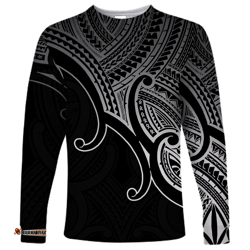 Custom Aotearoa Maori Koru Long Sleeve T-shirt Polynesian Pacific Tribal Black