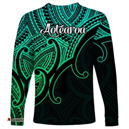 Aotearoa Maori Koru Long Sleeve T-shirt Polynesian Pacific Tribal Green
