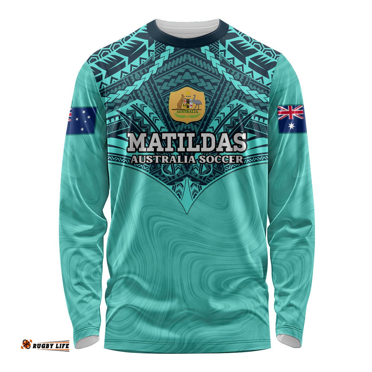 Custom Australia Matildas Long Sleeve T-shirt Polynesian Mix Turquoise Marble