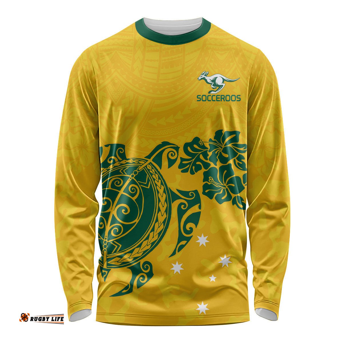 Custom Australia Soccer Long Sleeve T-shirt Socceroos Hibiscus and Turtle With Polynesian Pattern