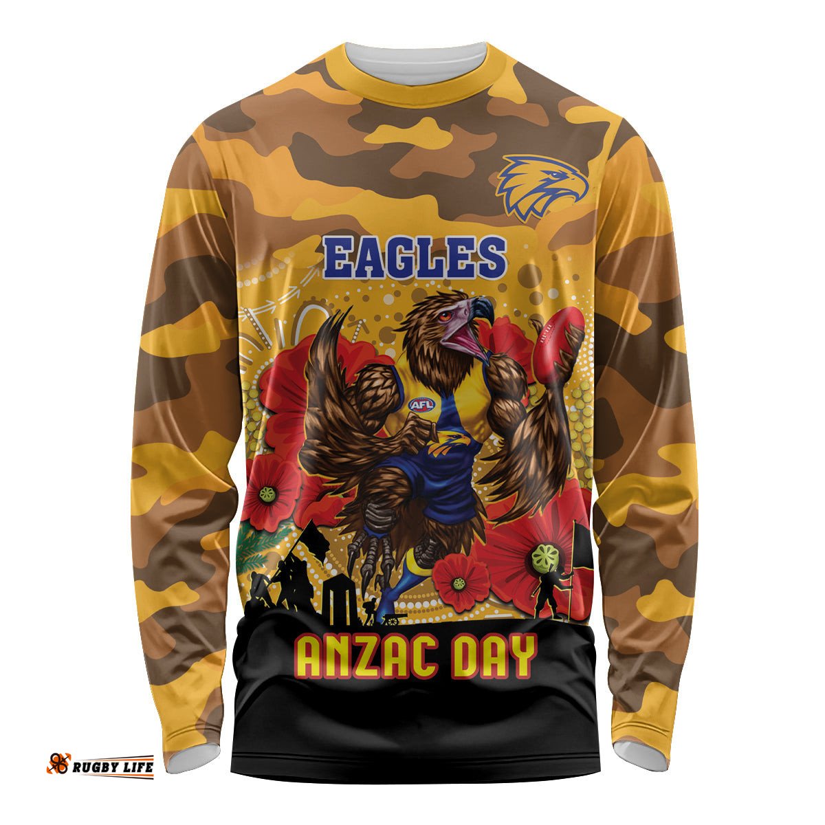 Custom Eagles Football ANZAC Long Sleeve T-shirt Gallipoli Camouflage With Poppies
