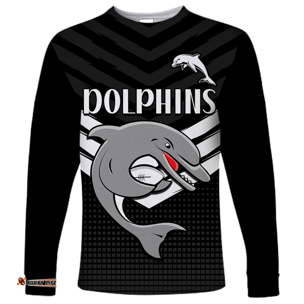 Redcliffe Dolphins Rugby Long Sleeve T-shirt Simple Black Style