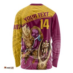 Custom Brisbane Broncos Rugby Long Sleeve T-shirt Go Champions Mascot With Polynesian Indigenous Art